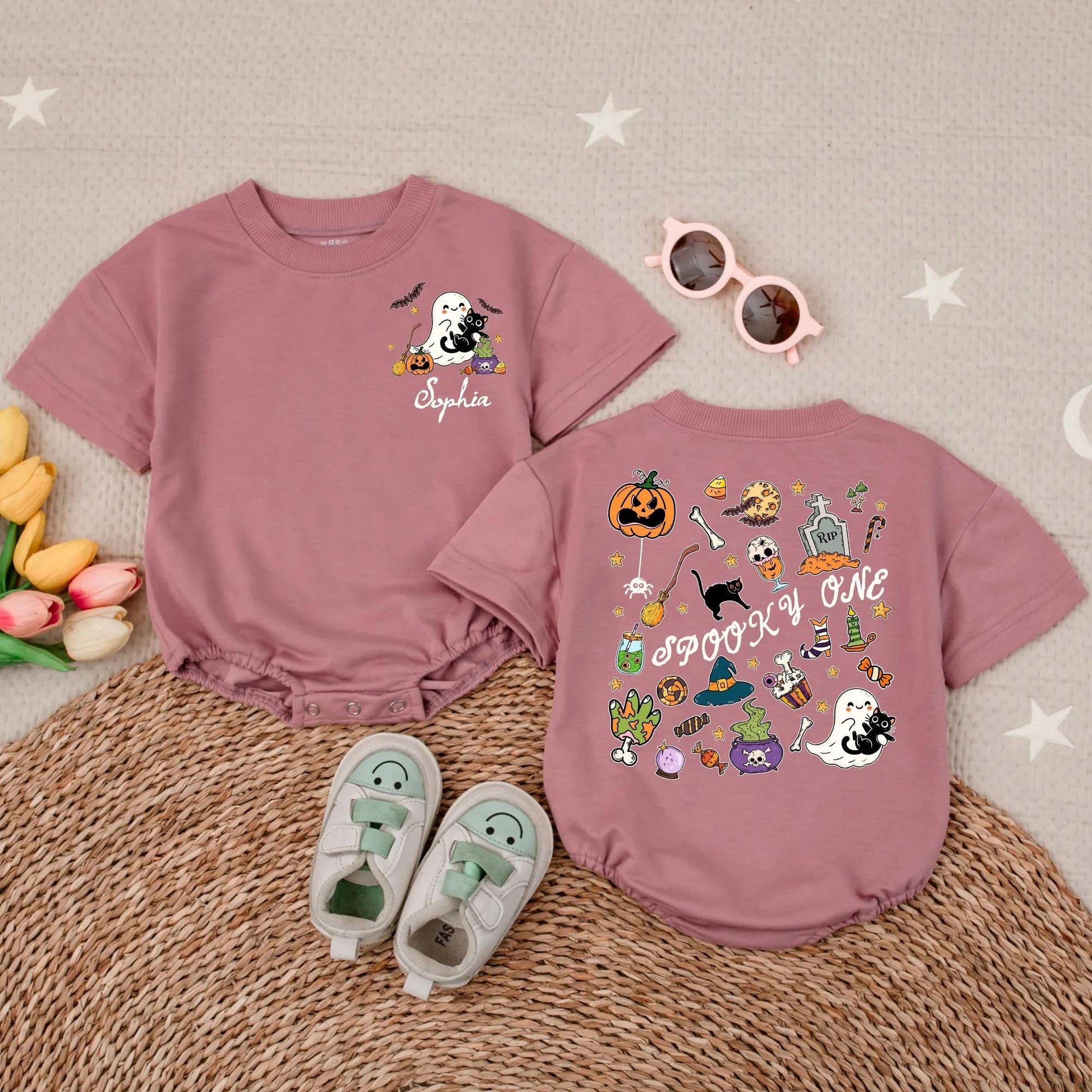 Personalized My First Halloween Baby Bubble Romper Spooky One Cartoon Ghost Cat Pumpkin Bat Festive Infant Outfit