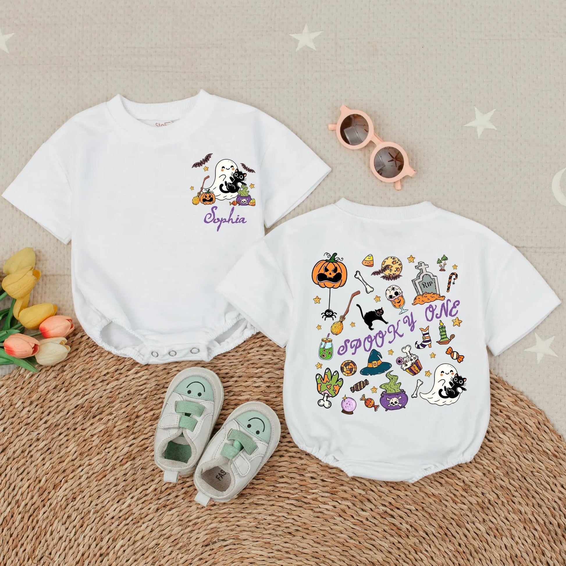 Personalized My First Halloween Baby Bubble Romper Spooky One Cartoon Ghost Cat Pumpkin Bat Festive Infant Outfit