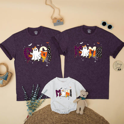 Spooky Mama and Mini Matching Halloween Shirts, Gooey Polka Dot Letters & Ghost, Mommy and Me Outfits, Cute Festive Family Spooky Season Outfit Gift (139 chars)