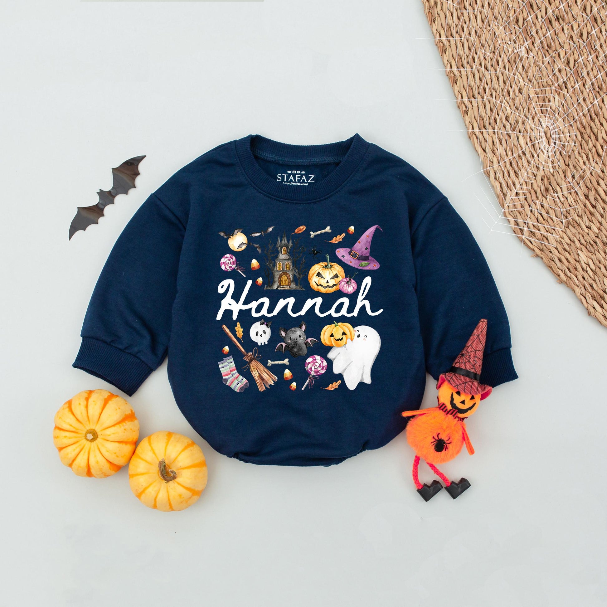 Personalized Name Girl Halloween Bubble Romper Pink Cute Whimsical Pumpkin Ghost Bat Haunted House Baby Toddler Autumn Outfit