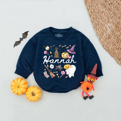 Personalized Name Girl Halloween Bubble Romper Pink Cute Whimsical Pumpkin Ghost Bat Haunted House Baby Toddler Autumn Outfit