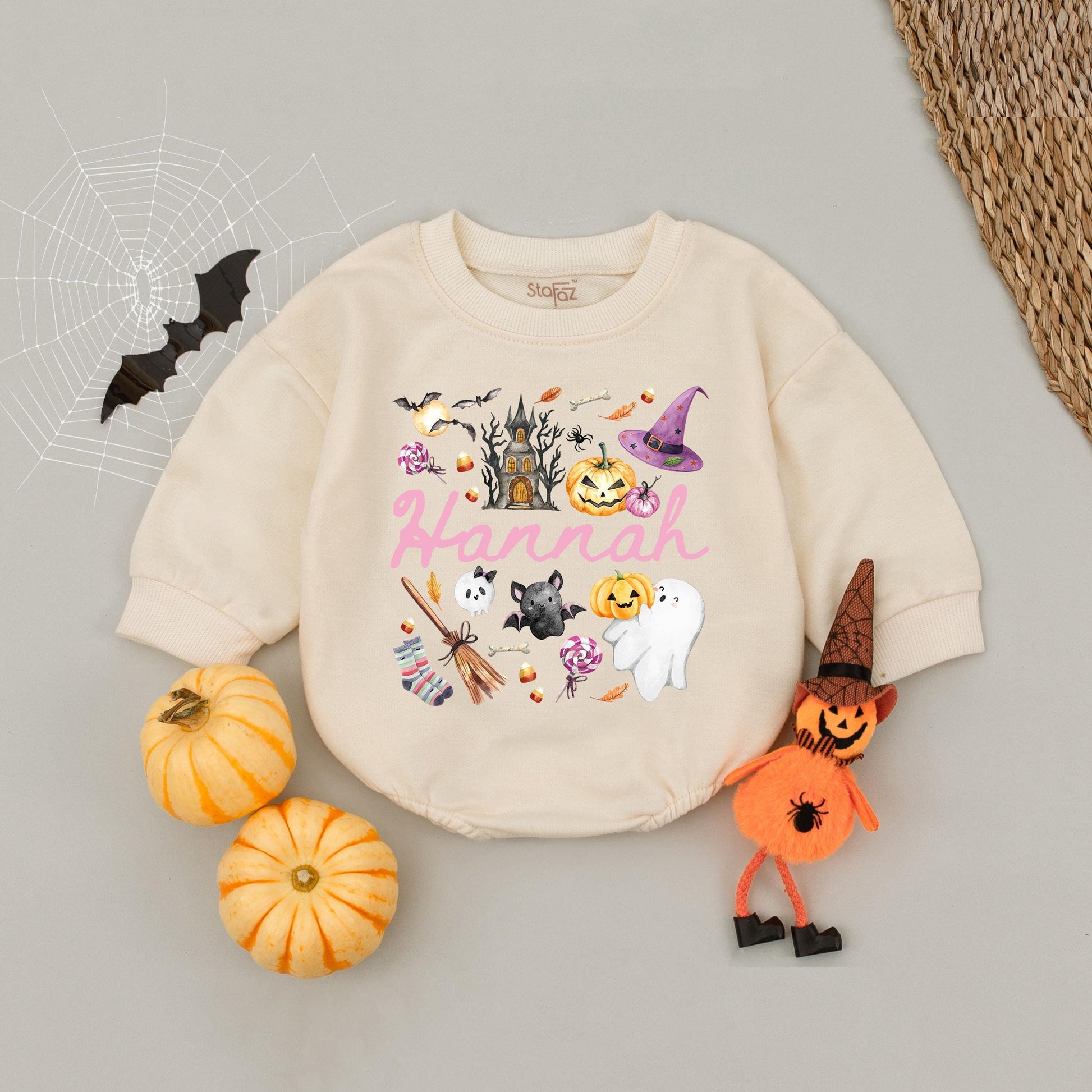 Personalized Name Girl Halloween Bubble Romper Pink Cute Whimsical Pumpkin Ghost Bat Haunted House Baby Toddler Autumn Outfit