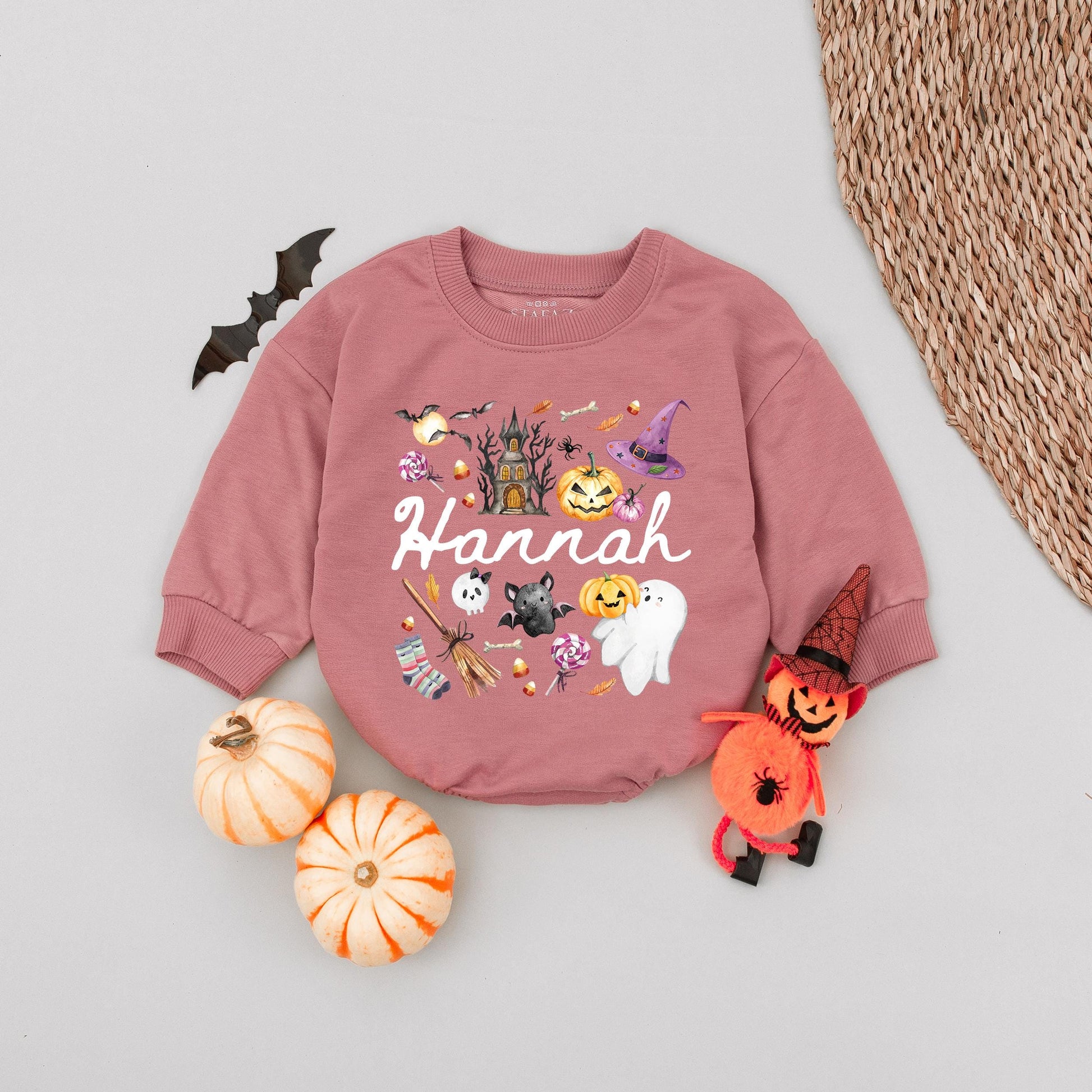 Personalized Name Girl Halloween Bubble Romper Pink Cute Whimsical Pumpkin Ghost Bat Haunted House Baby Toddler Autumn Outfit