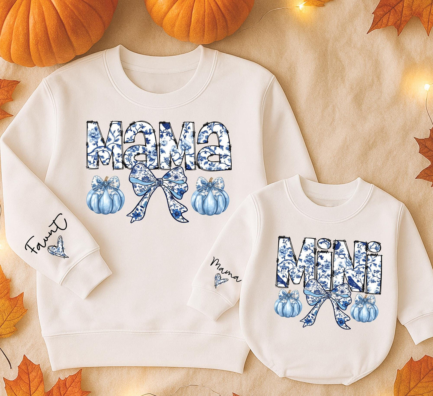 Mama Mini Matching Chinoiserie Floral Sweatshirts Blue White Pumpkin Bow Vintage Fall Mom Daughter Retro Halloween Thanksgiving Clothes