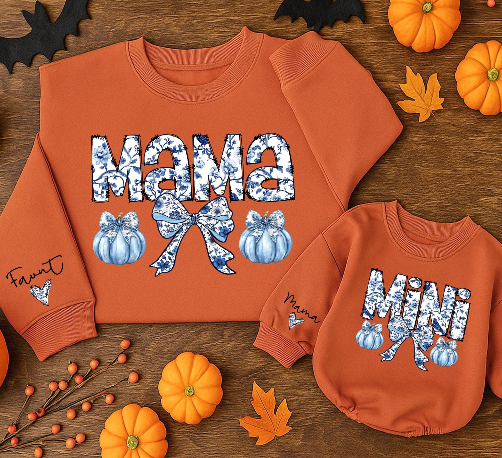 Mama Mini Matching Chinoiserie Floral Sweatshirts Blue White Pumpkin Bow Vintage Fall Mom Daughter Retro Halloween Thanksgiving Clothes
