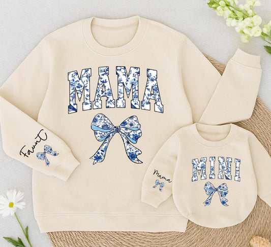 Mama and Mini Matching Sweatshirts, Chinoiserie Floral Bows, Custom Name Sleeve, Mommy and Me Outfit, Blue Baby Romper, Retro Mom Clothes, Family Style (138 chars)