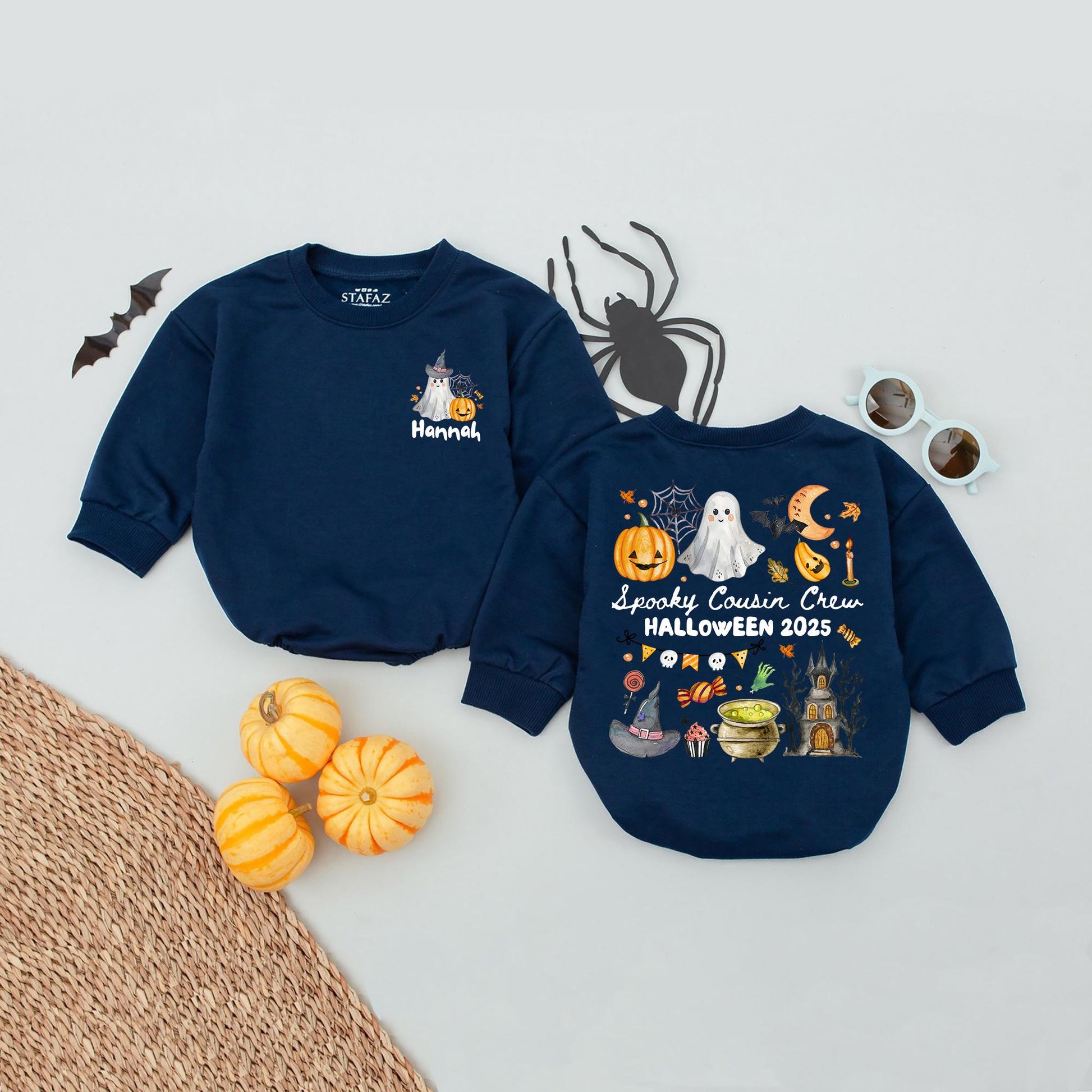 Spooky Cousin Crew Halloween Bubble Romper, Personalized Baby Romper for Kids, Cute Ghost & Pumpkin Design, Matching Cousins Outfit 2025