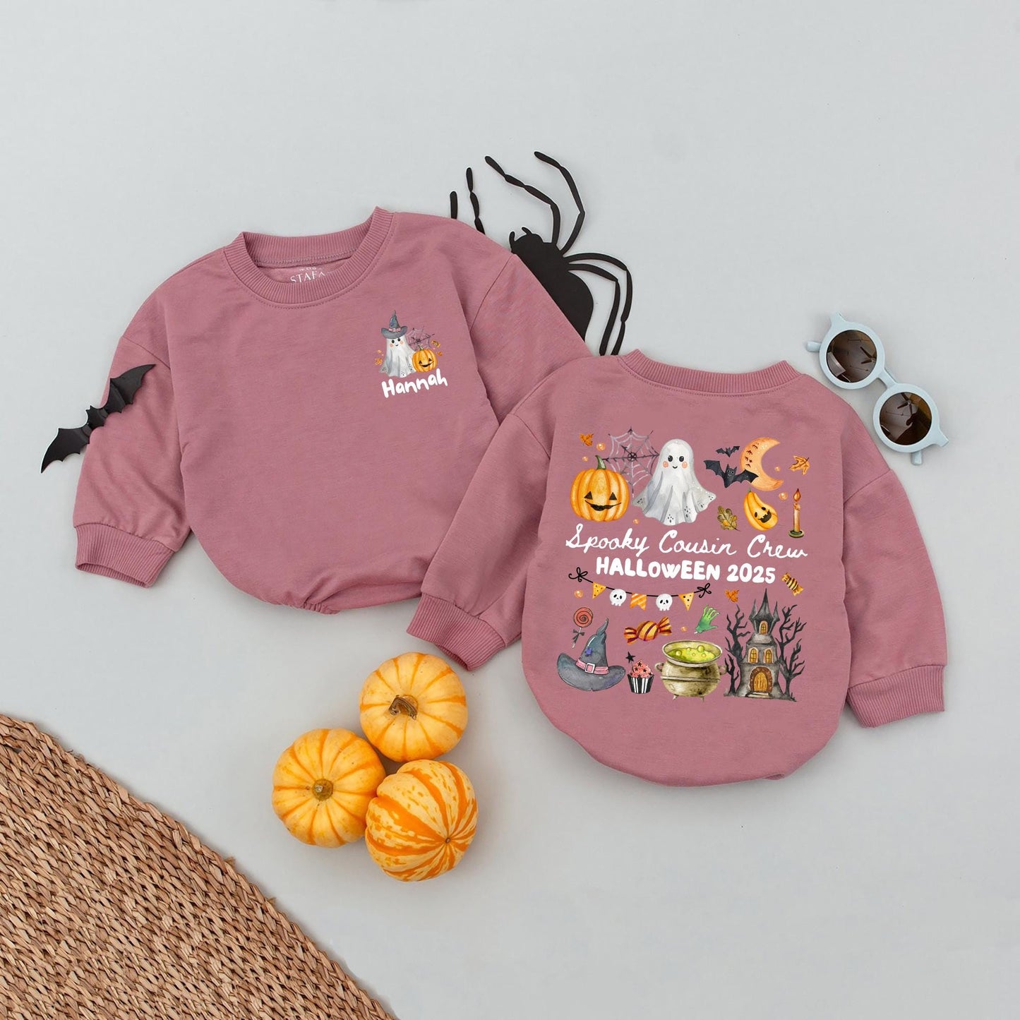 Spooky Cousin Crew Halloween Bubble Romper, Personalized Baby Romper for Kids, Cute Ghost & Pumpkin Design, Matching Cousins Outfit 2025