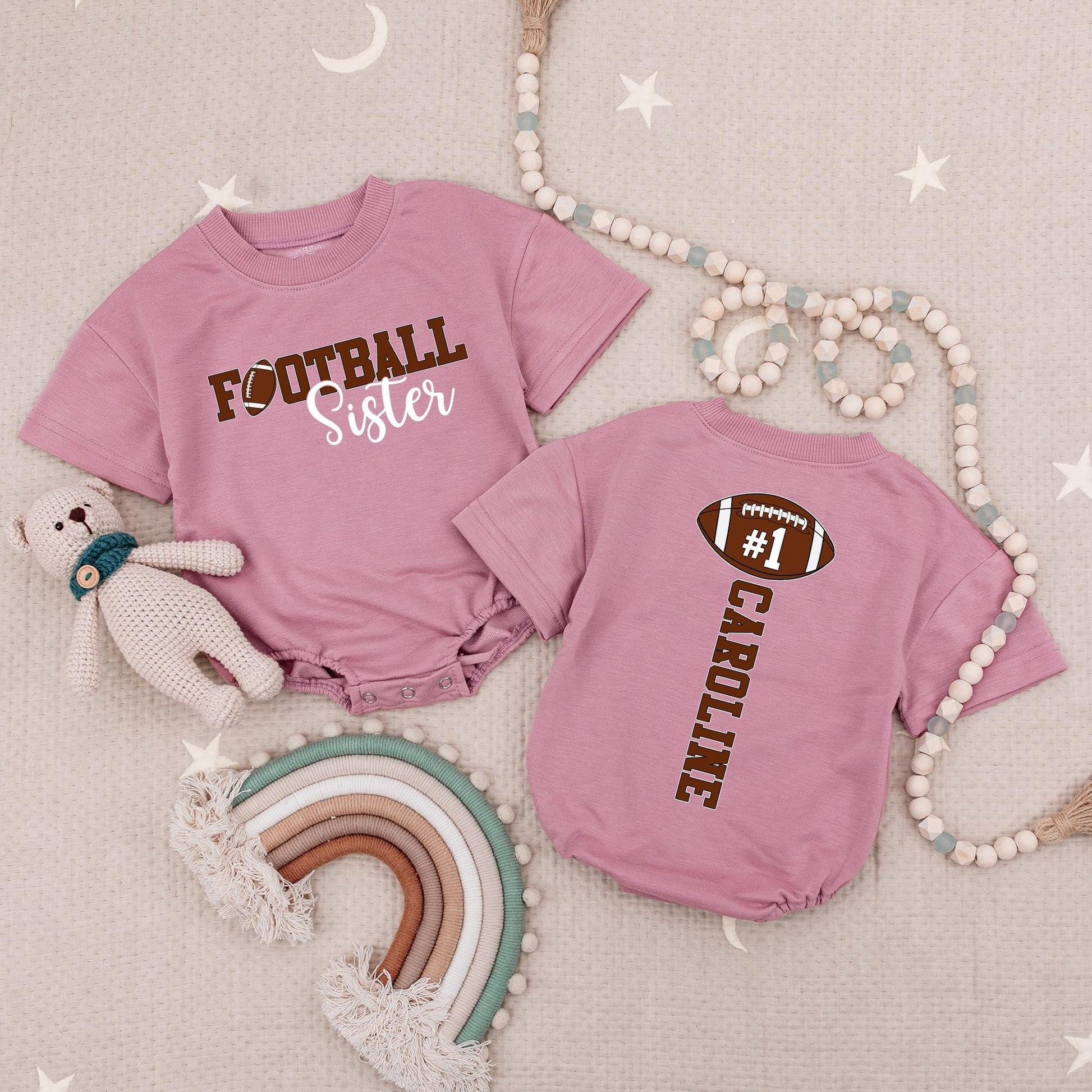 Caroline's #1 Fan Football Sister Baby Bodysuit: Custom Game Day Outfit for Lil' Sis, Cute Sporty Tee, Personalized Football Season Baby Gift Set