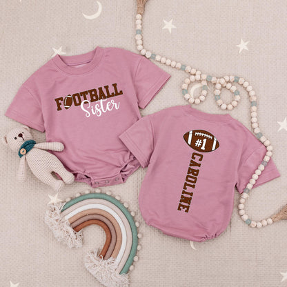 Caroline's #1 Fan Football Sister Baby Bodysuit: Custom Game Day Outfit for Lil' Sis, Cute Sporty Tee, Personalized Football Season Baby Gift Set
