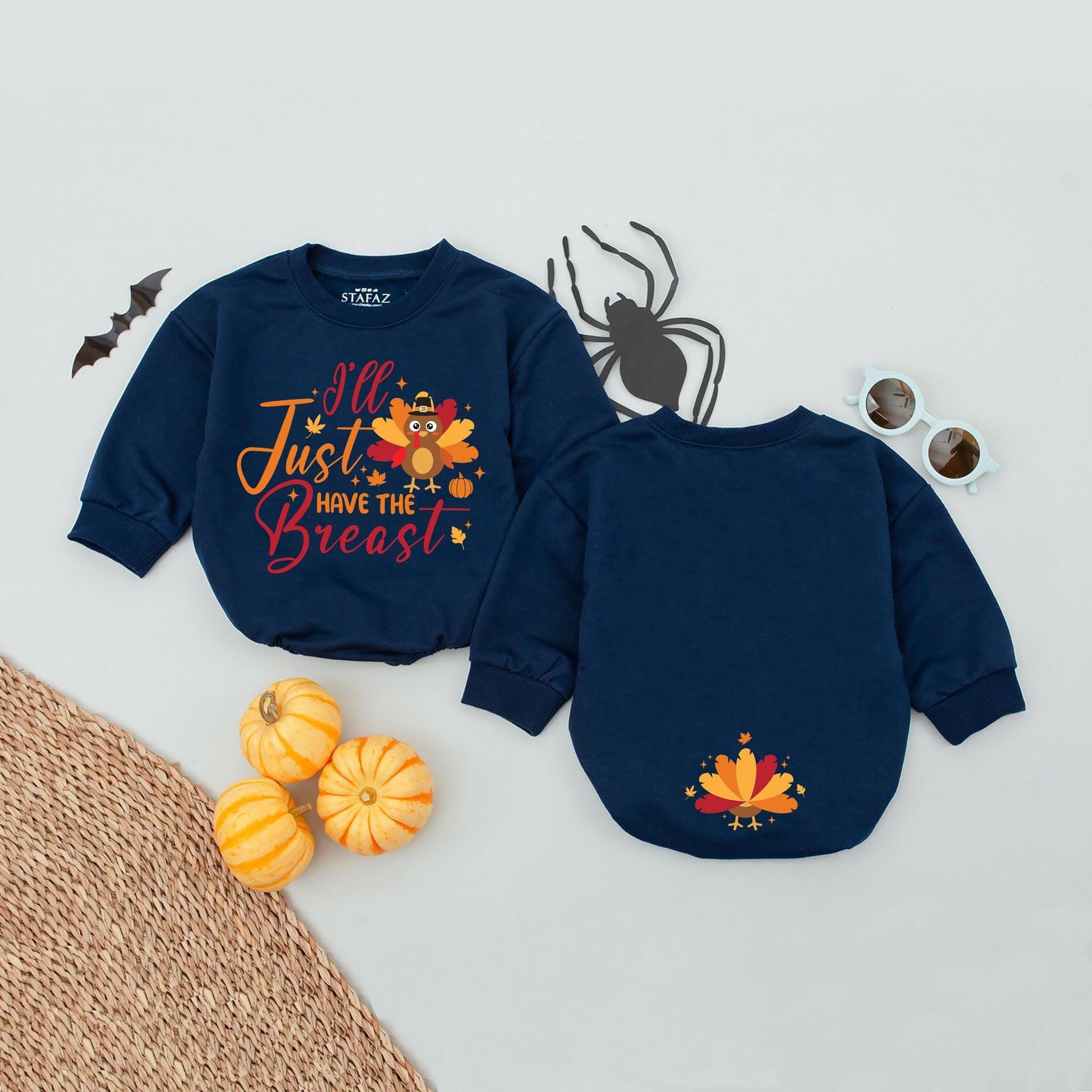 I'll Just Have The Breast Baby Romper: Funny Thanksgiving Outfit with Turkey Pilgrim Design, My First Thanksgiving Fall Infant Outfit, Cute Turkey Feather Back (139 chars)