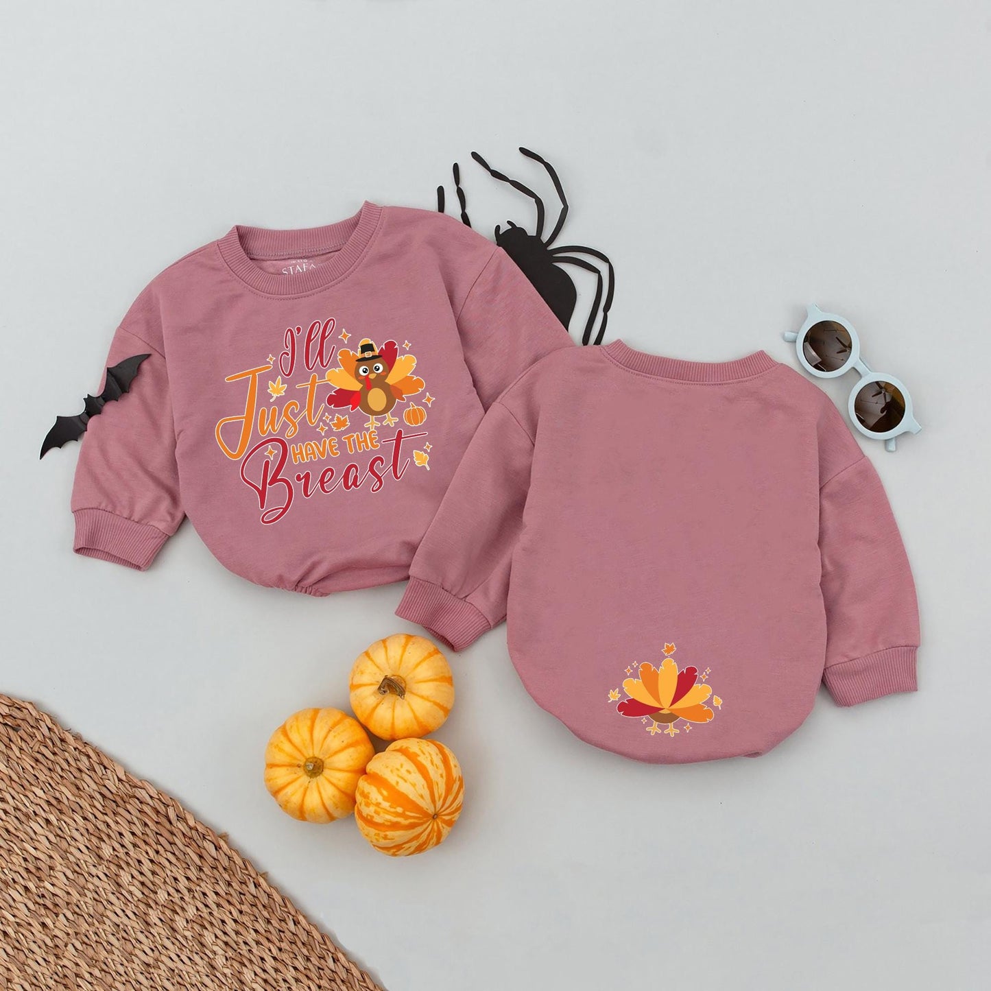 I'll Just Have The Breast Baby Romper: Funny Thanksgiving Outfit with Turkey Pilgrim Design, My First Thanksgiving Fall Infant Outfit, Cute Turkey Feather Back (139 chars)