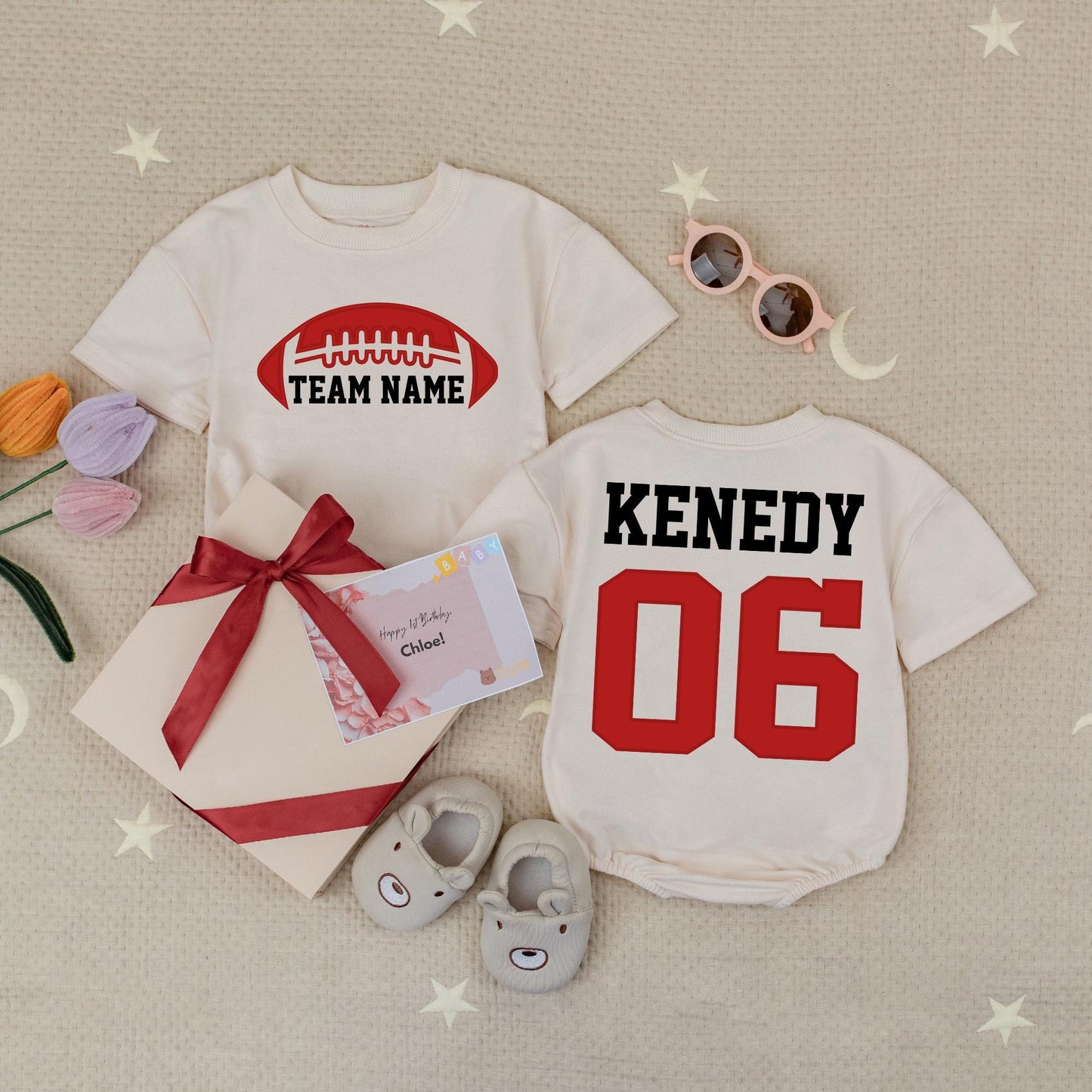 Custom Team Name Football Shirts Toddler Baby Gameday Outfit Red White Bold Sporty Kids Clothes