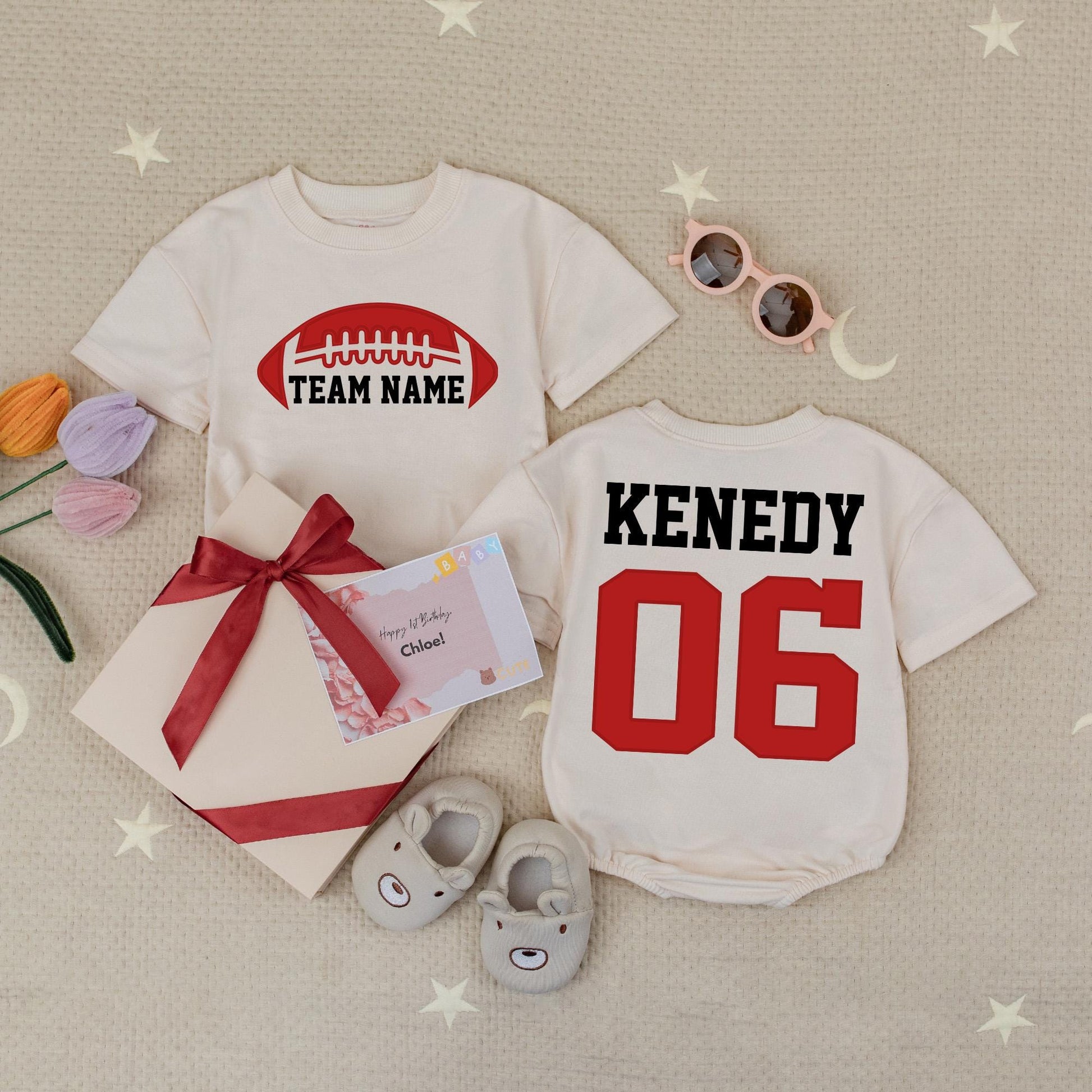 Custom Team Name Football Shirts Toddler Baby Gameday Outfit Red White Bold Sporty Kids Clothes