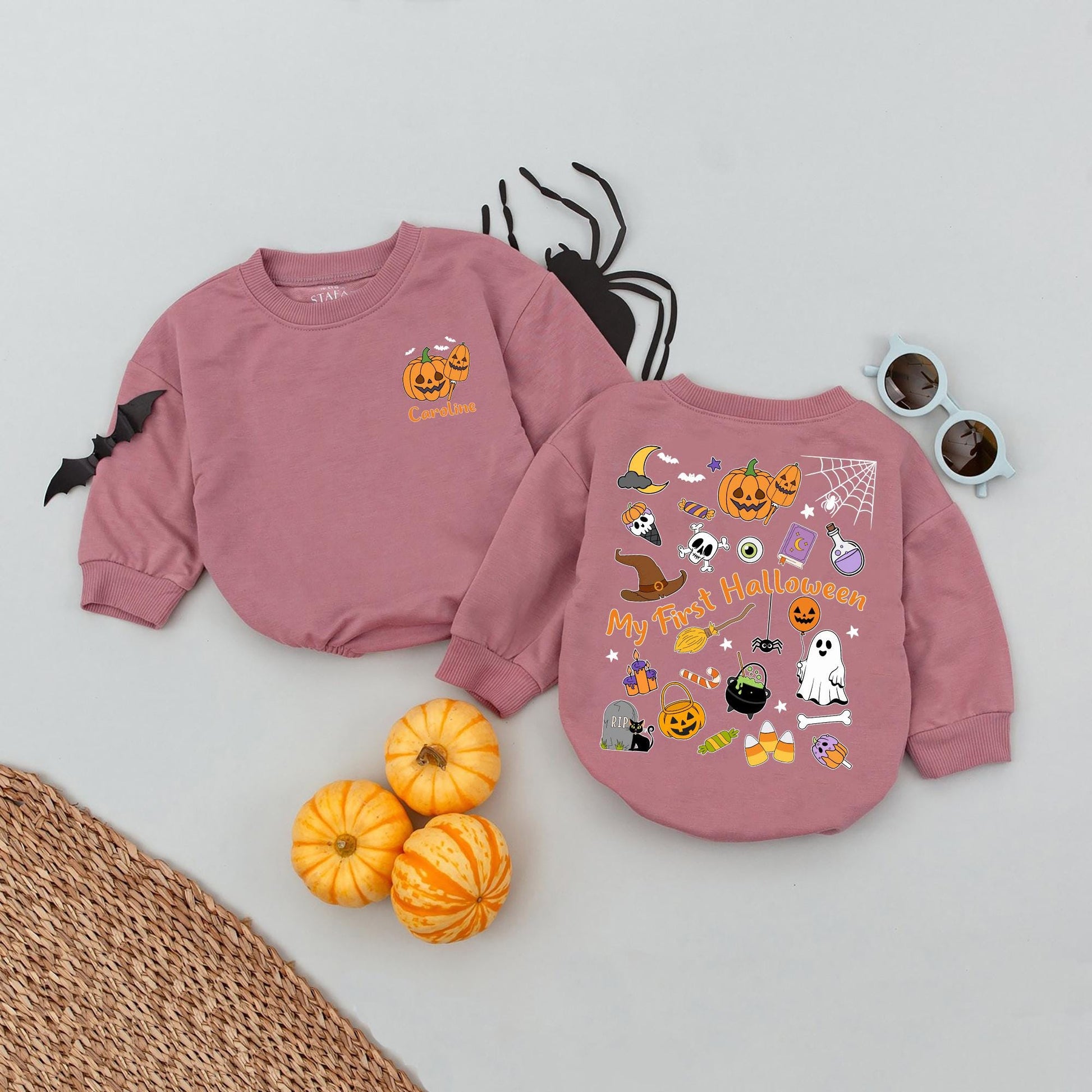My First Halloween Personalized Baby Romper Cute Ghost Pumpkin Jack-o-Lantern Design for Baby's Spooky Season Outfit