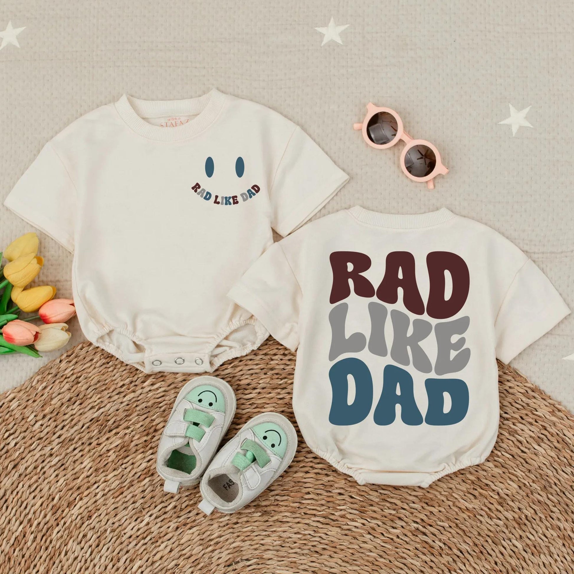 Rad Like Dad Baby Romper Toddler Tee Set, Modern Dark Blue & Brown Design, Father's Day Gift, Cool Dad Outfit, Comfortable Cotton Kids Clothes, New Dad Gift