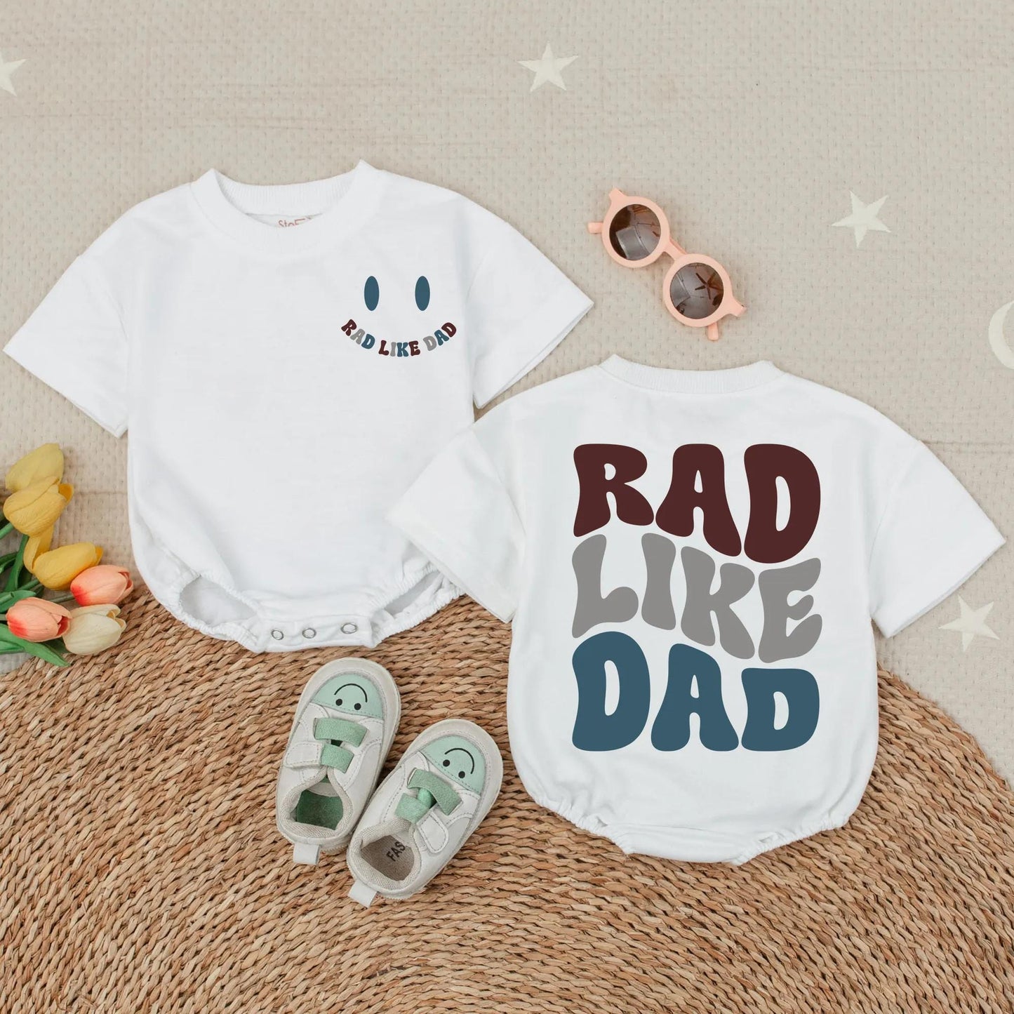 Rad Like Dad Baby Romper Toddler Tee Set, Modern Dark Blue & Brown Design, Father's Day Gift, Cool Dad Outfit, Comfortable Cotton Kids Clothes, New Dad Gift