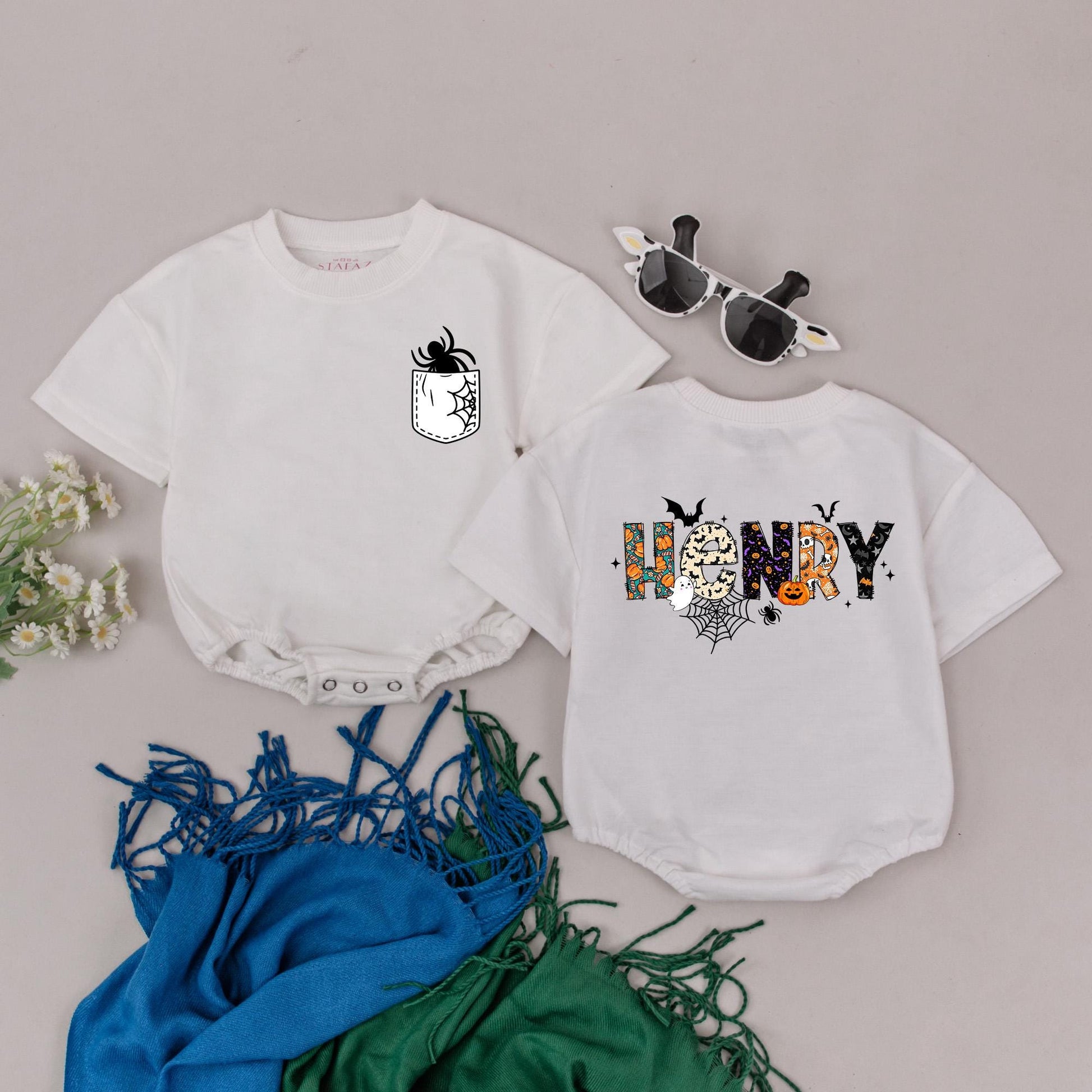 Spooky Spider & Henry Halloween Baby Romper My First Halloween Custom Name Boy Outfit Personalized Baby Shower Gift Festive