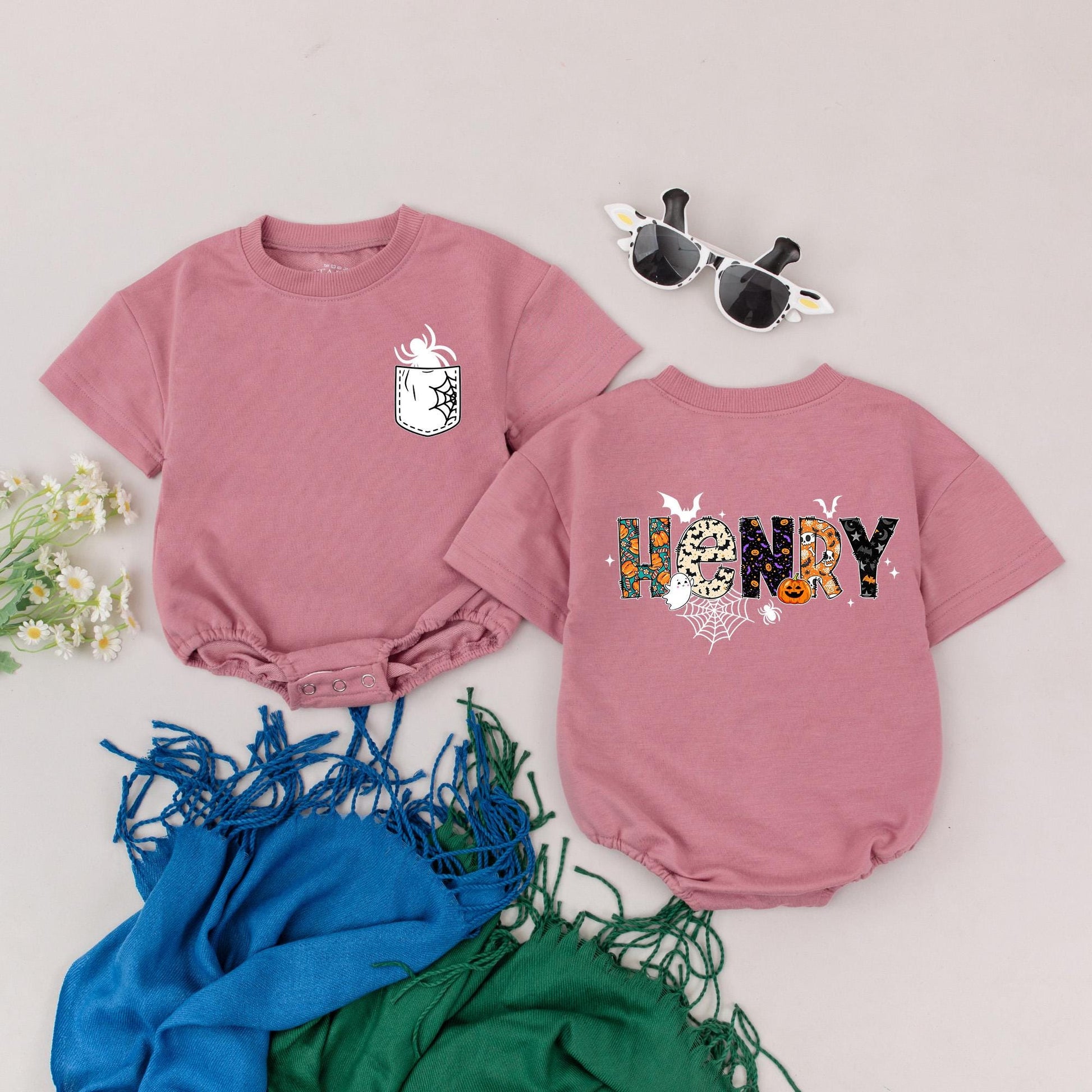 Spooky Spider & Henry Halloween Baby Romper My First Halloween Custom Name Boy Outfit Personalized Baby Shower Gift Festive