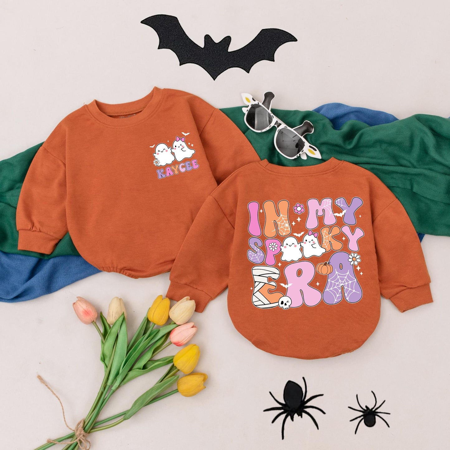 Personalized In My Spooky Era Baby Romper, Retro Halloween Bodysuit, Custom Name First Halloween Outfit, Spooky Season Gift, Pink Purple Orange