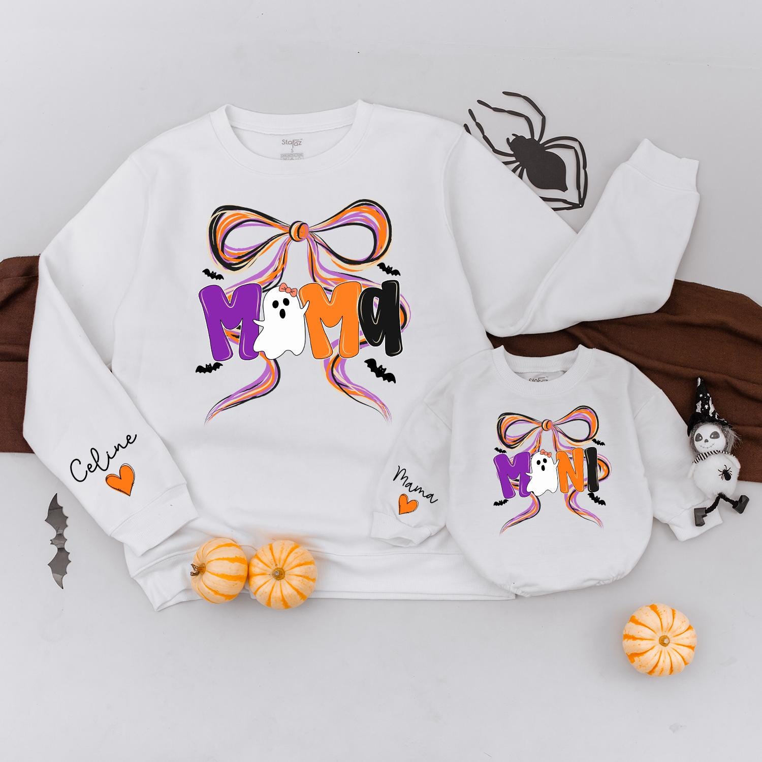 Spooky Mama and Mini Halloween Sweatshirt Matching Bow Ghost Design Custom Mommy and Me Fall Family Outfits 