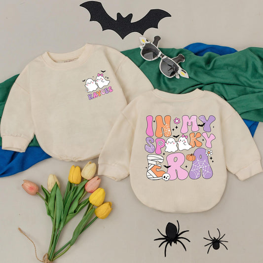Personalized In My Spooky Era Baby Romper, Retro Halloween Bodysuit, Custom Name First Halloween Outfit, Spooky Season Gift, Pink Purple Orange