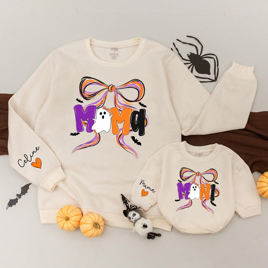 Spooky Mama and Mini Halloween Sweatshirt Matching Bow Ghost Design Custom Mommy and Me Fall Family Outfits 