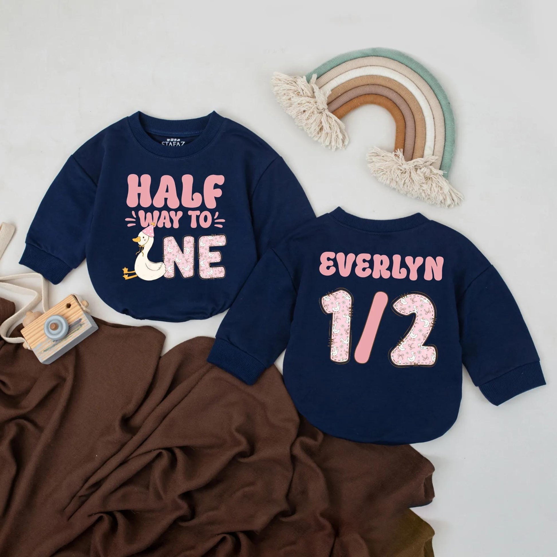 Half Way to One Silly Goose Baby Girl Romper, 6 Month Birthday Outfit, Pink & White Design, Custom Name 1/2 Bodysuit, Milestone Gift
