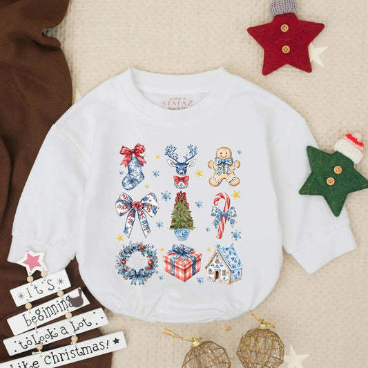 Chinoiserie Christmas Baby Romper Outfit, Festive Deer & Snowflake Print, Holiday Baby Girl Bodysuit, Christmas Tree Gift, Newborn