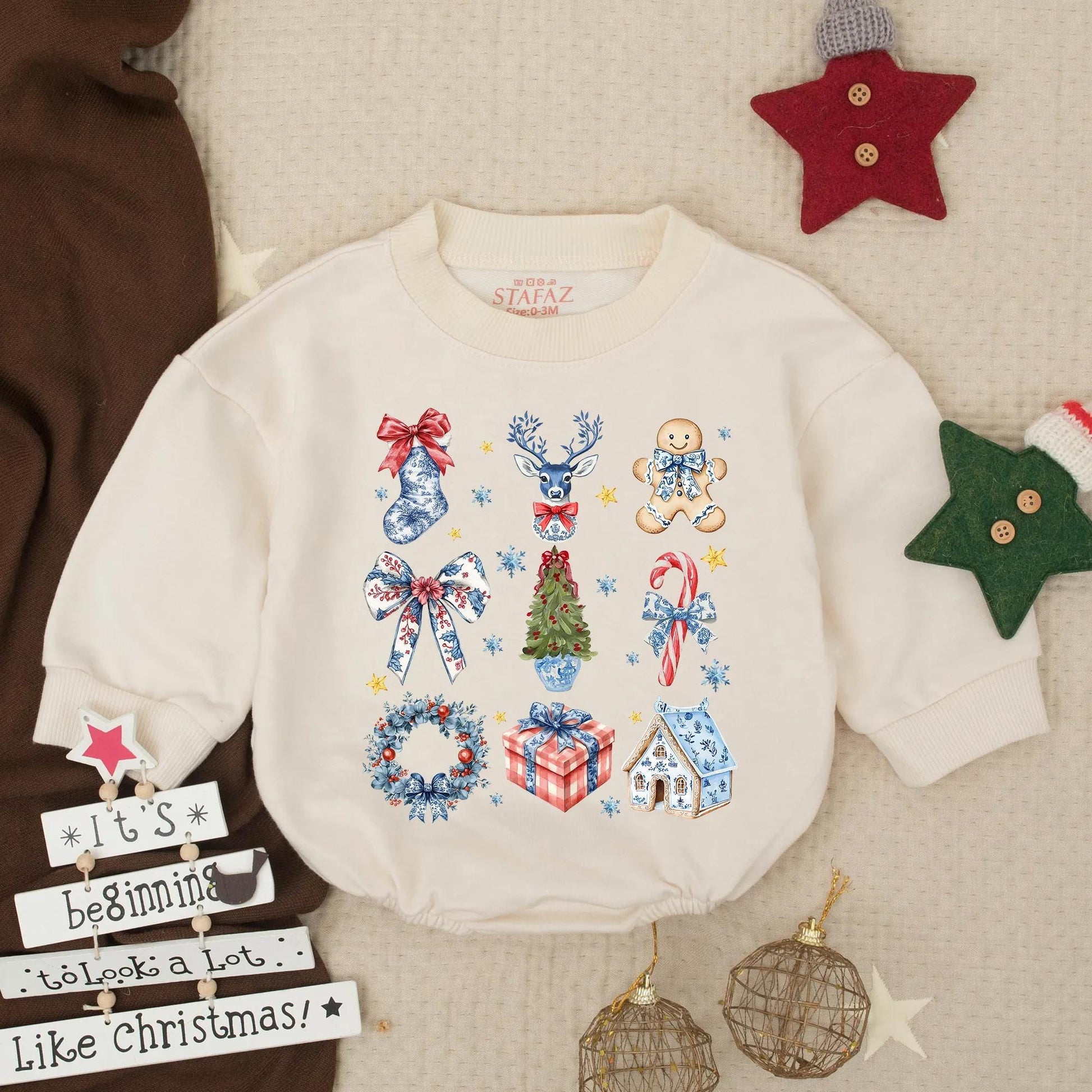 Chinoiserie Christmas Baby Romper Outfit, Festive Deer & Snowflake Print, Holiday Baby Girl Bodysuit, Christmas Tree Gift, Newborn