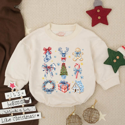 Chinoiserie Christmas Baby Romper Outfit, Festive Deer & Snowflake Print, Holiday Baby Girl Bodysuit, Christmas Tree Gift, Newborn