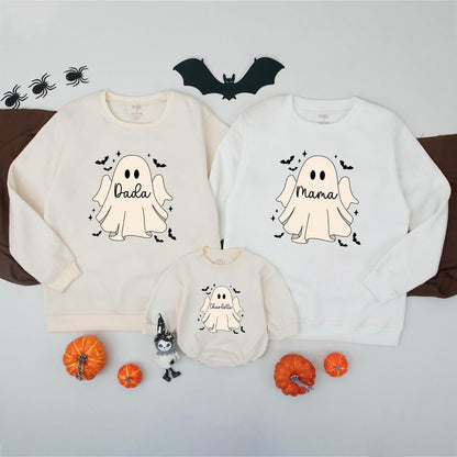 Personalized Family Ghost Sweatshirts, Cute Matching Halloween Costume Shirts for Baby, Toddler, Kids—Custom Name Spooky Season Trick or Treat Outfits 