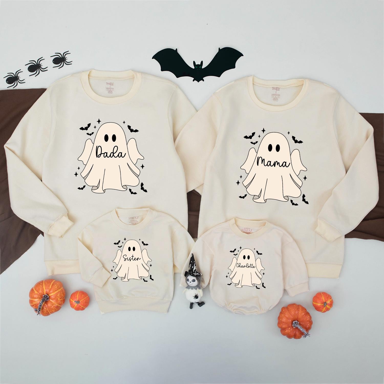 Personalized Family Ghost Sweatshirts, Cute Matching Halloween Costume Shirts for Baby, Toddler, Kids—Custom Name Spooky Season Trick or Treat Outfits 