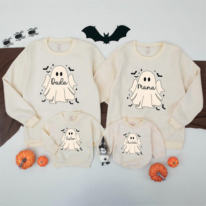 Personalized Family Ghost Sweatshirts, Cute Matching Halloween Costume Shirts for Baby, Toddler, Kids—Custom Name Spooky Season Trick or Treat Outfits 