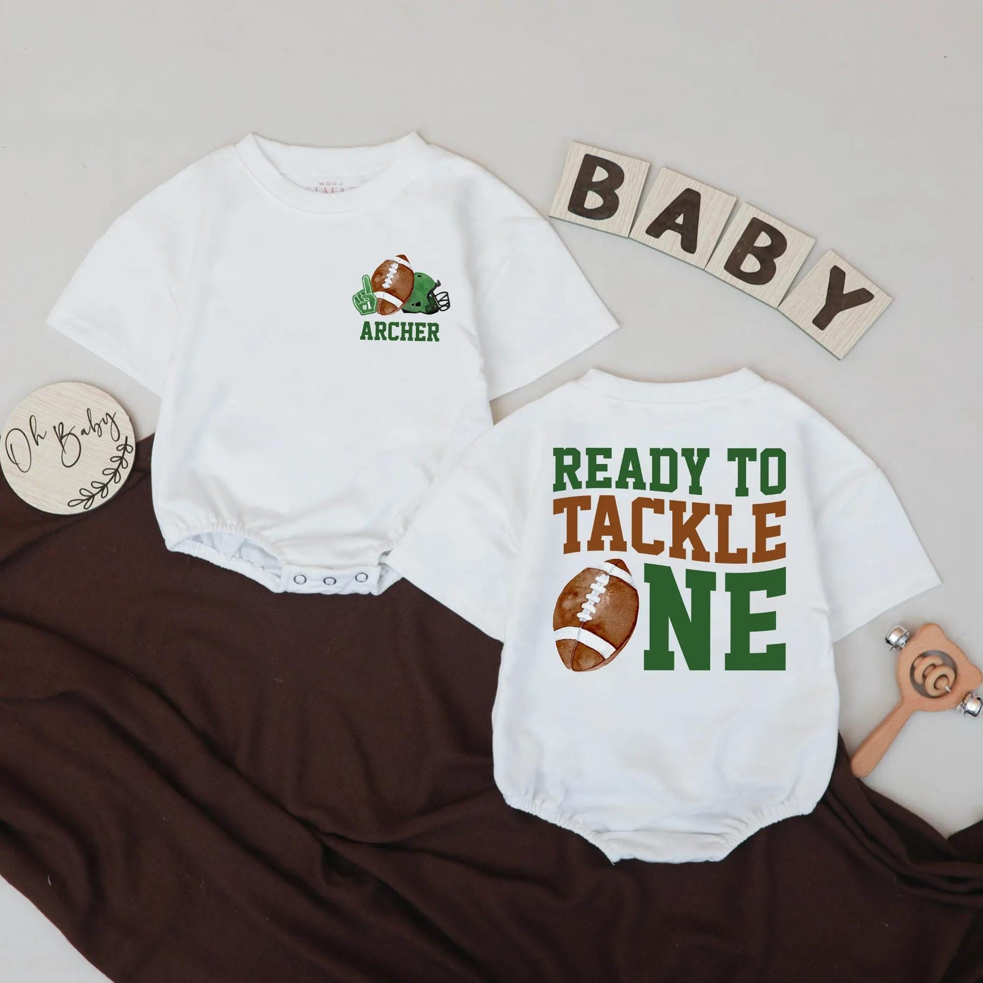 Personalized Ready To Tackle One Football First Birthday Romper Soft Baby Boy Game Day Party Outfit Watercolor Bodysuit Shower Gift