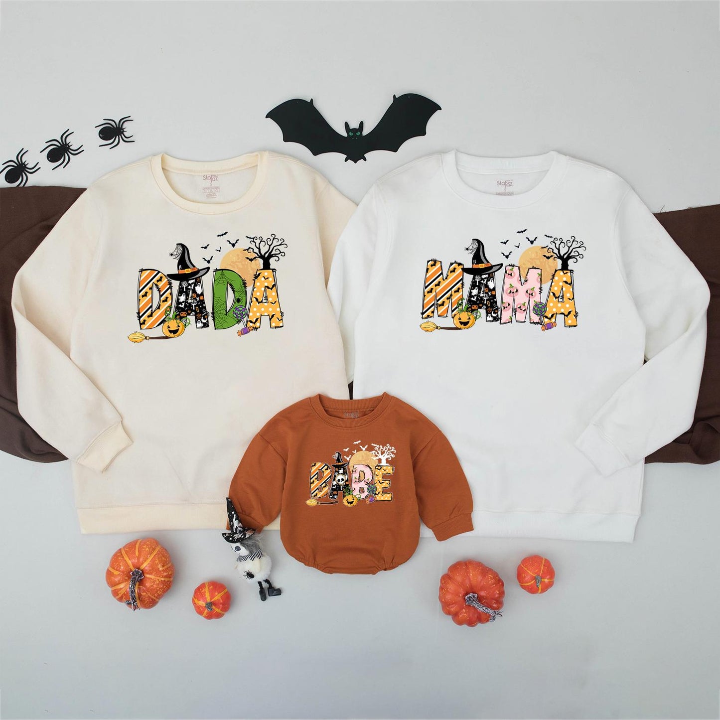 Spooky Family Halloween Sweatshirts Matching Set: Dada, Mama, Sister & Baby in Fun Halloween Prints, Personalized Option Available, Family Spooky Season Sweater