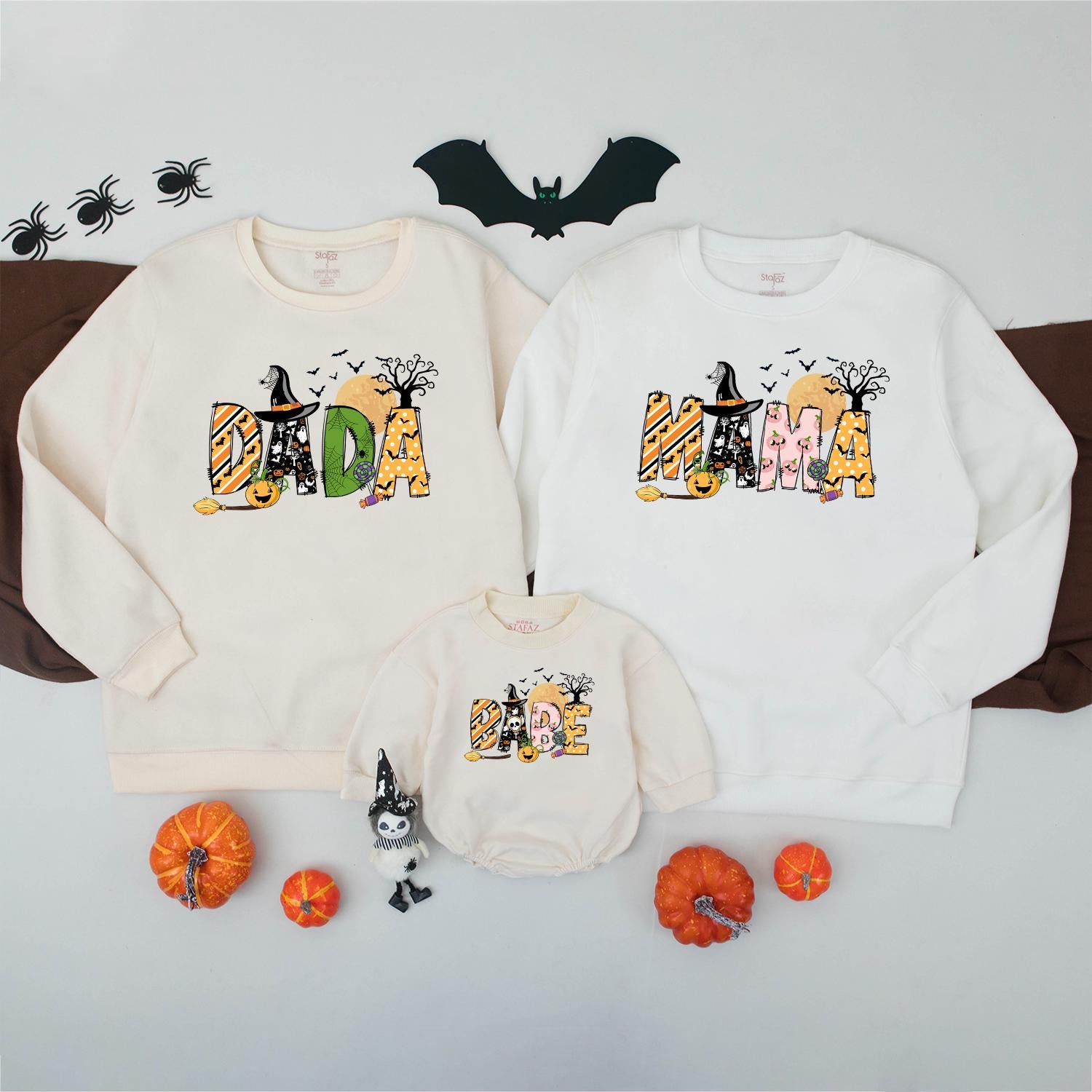Spooky Family Halloween Sweatshirts Matching Set: Dada, Mama, Sister & Baby in Fun Halloween Prints, Personalized Option Available, Family Spooky Season Sweater