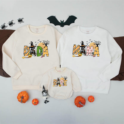 Spooky Family Halloween Sweatshirts Matching Set: Dada, Mama, Sister & Baby in Fun Halloween Prints, Personalized Option Available, Family Spooky Season Sweater