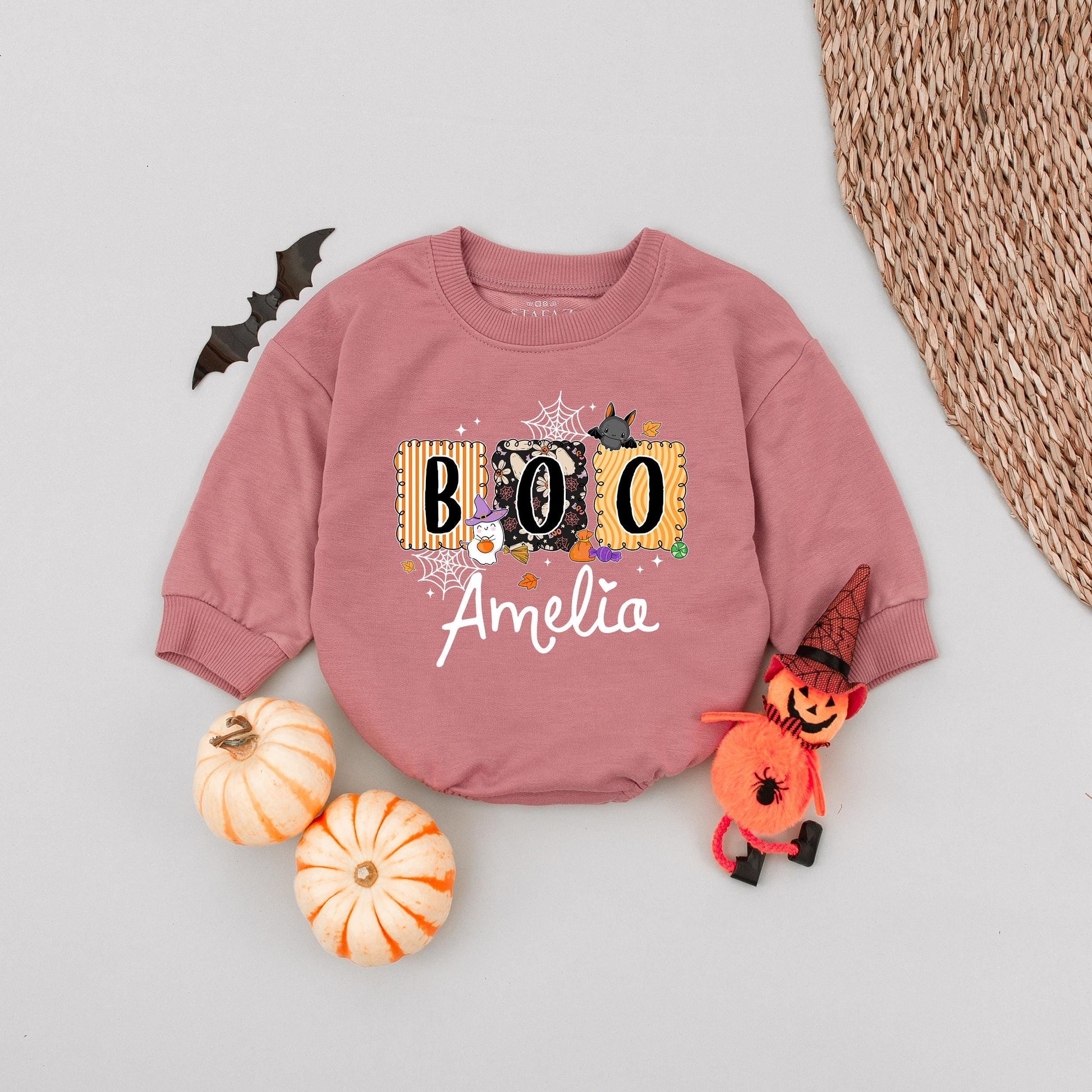 Cute Boo Halloween Bubble Romper for Baby Girl Amelia Personalized with Ghost Witch Hat Stripes Fun Fall Outfit