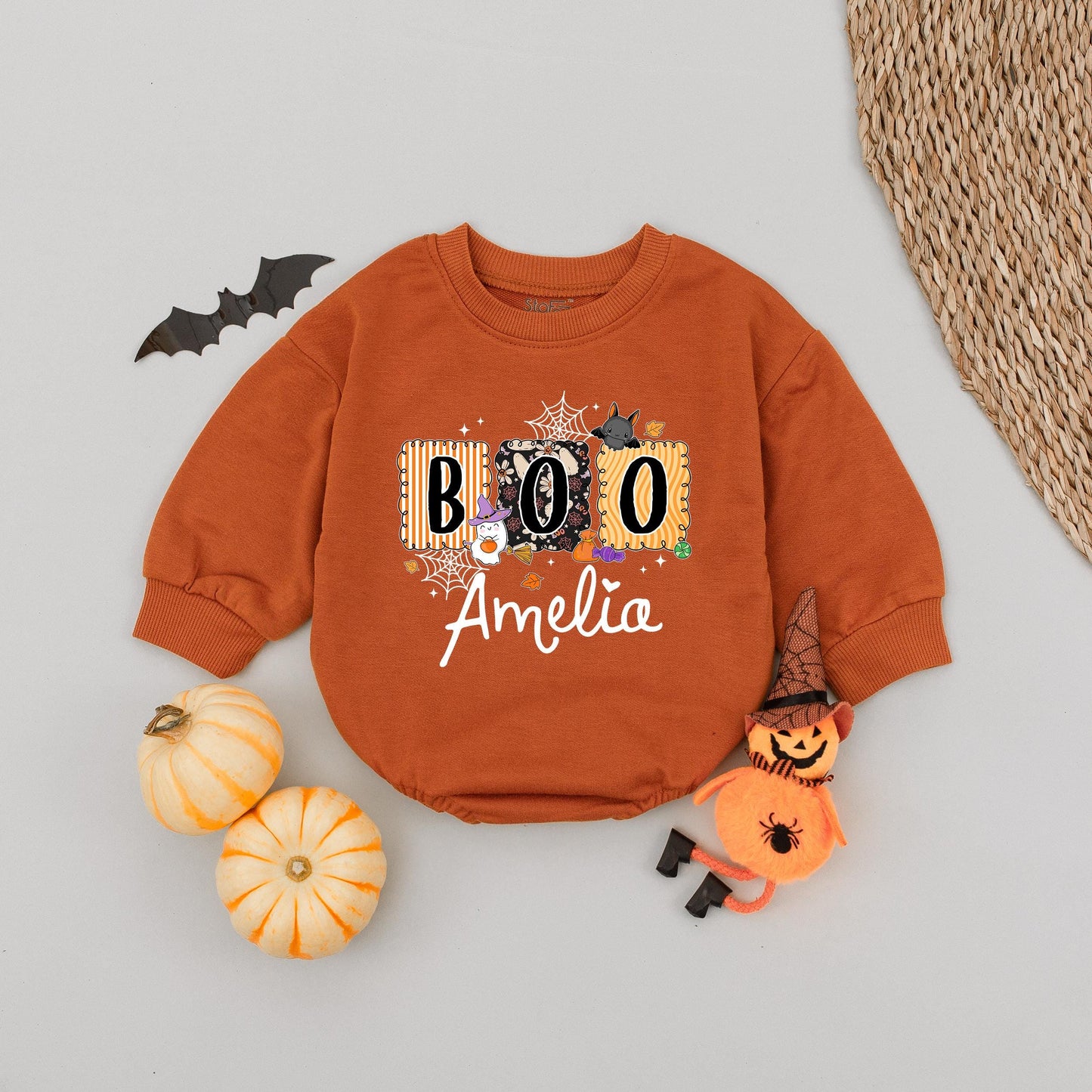 Cute Boo Halloween Bubble Romper for Baby Girl Amelia Personalized with Ghost Witch Hat Stripes Fun Fall Outfit