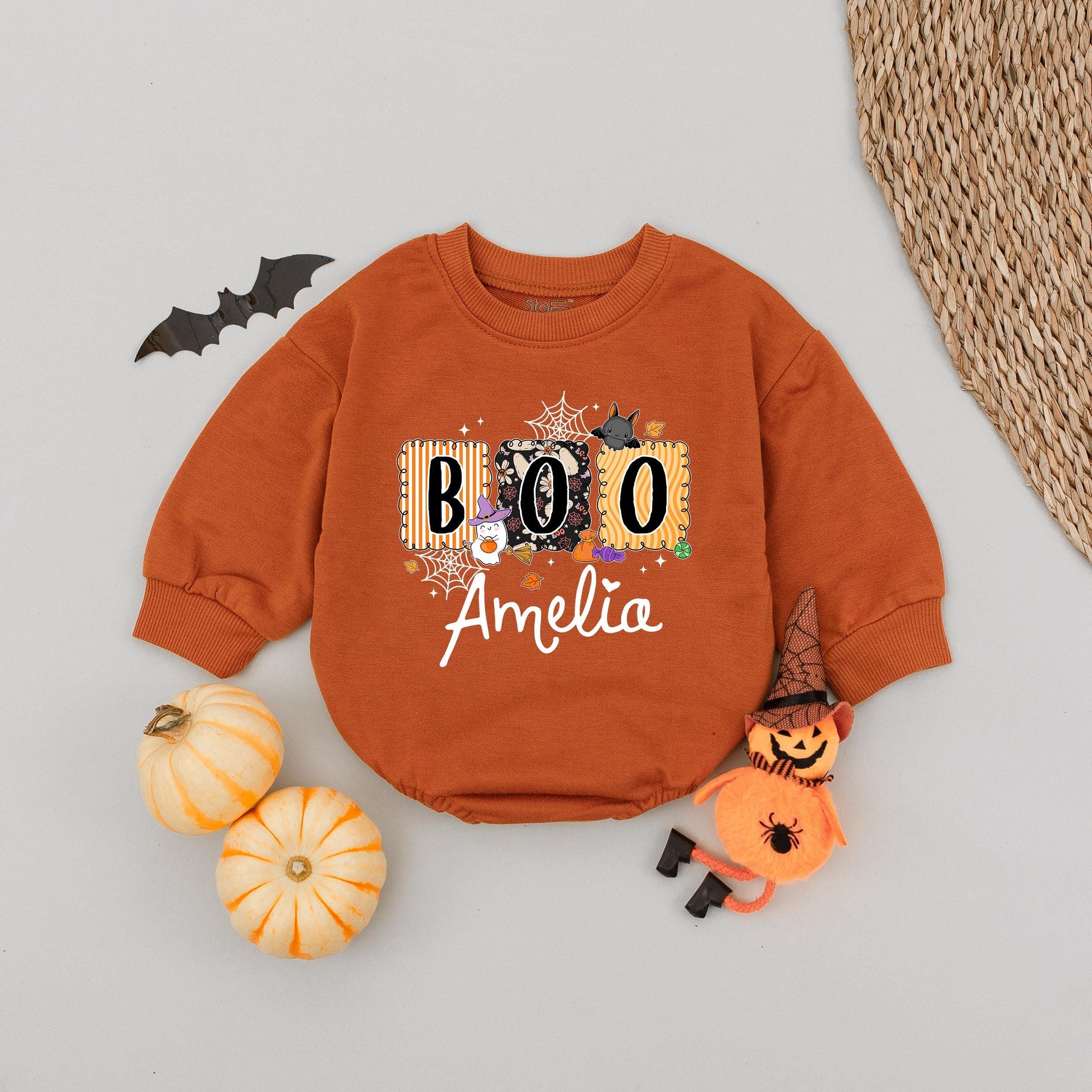 Cute Boo Halloween Bubble Romper for Baby Girl Amelia Personalized with Ghost Witch Hat Stripes Fun Fall Outfit