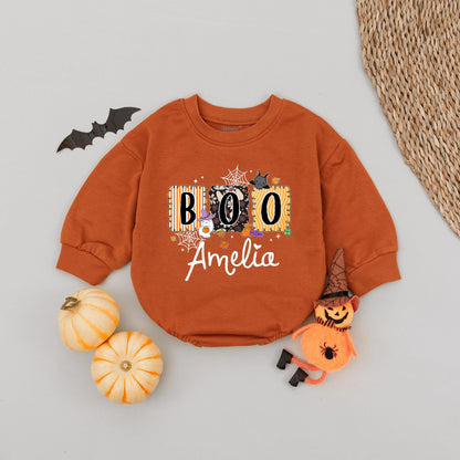 Cute Boo Halloween Bubble Romper for Baby Girl Amelia Personalized with Ghost Witch Hat Stripes Fun Fall Outfit