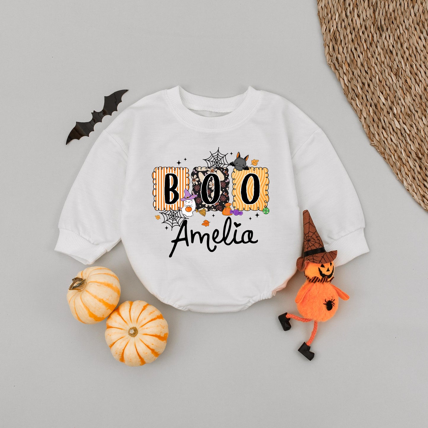 Cute Boo Halloween Bubble Romper for Baby Girl Amelia Personalized with Ghost Witch Hat Stripes Fun Fall Outfit
