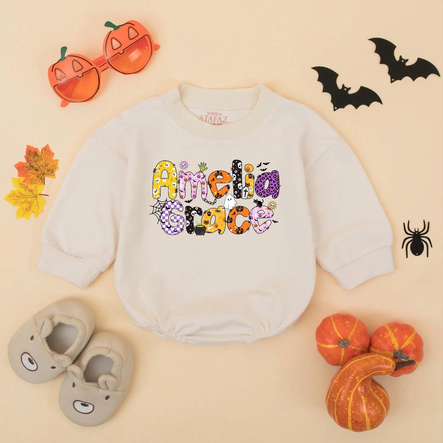 Amelia Grace Halloween Baby Girl Romper Custom Name Ghost Pumpkin Bat Floral Fall Bodysuit Cute Baby Shower Gift
