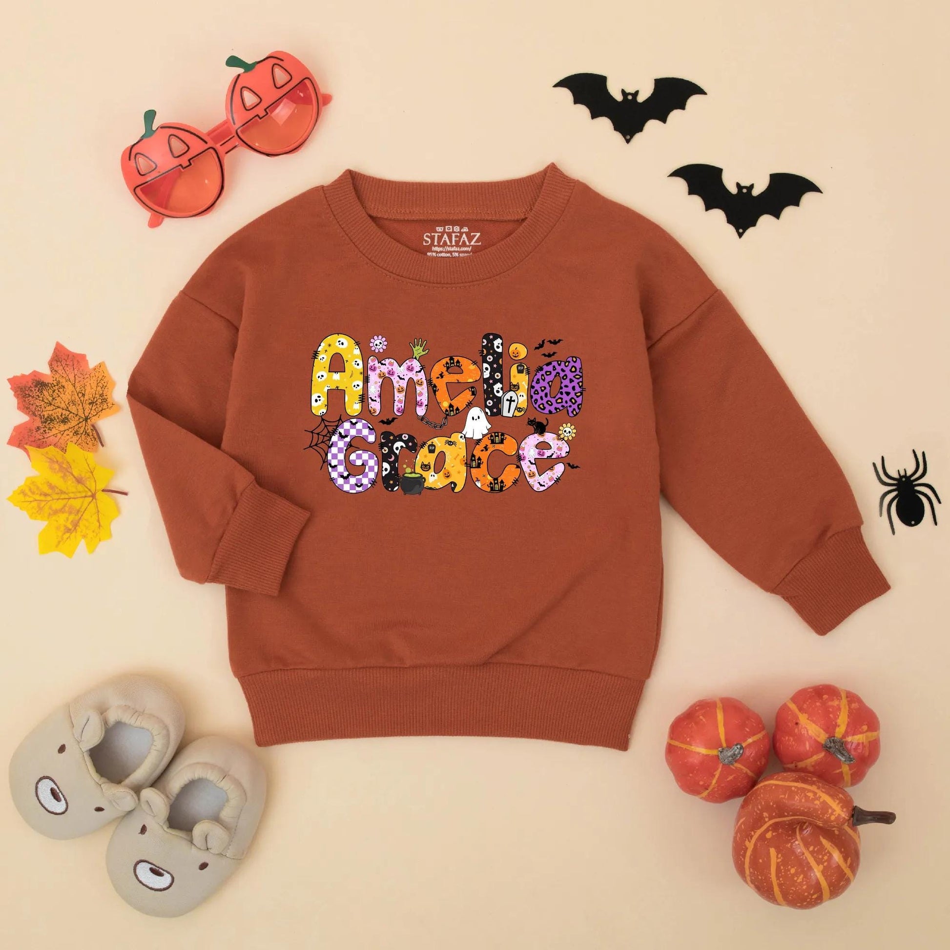 Amelia Grace Halloween Baby Girl Romper Custom Name Ghost Pumpkin Bat Floral Fall Bodysuit Cute Baby Shower Gift