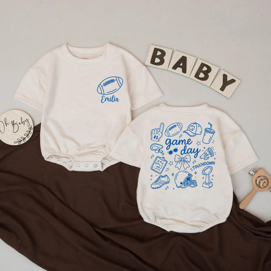 Personalized Football Romper, Game Day Outfit for Baby, Custom Name Touchdown Bodysuit, Hand-Drawn Sports Graphics, Unique Baby Shower Gift Blue 138