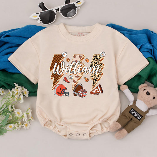 Retro Football Baby Romper William Personalized Game Day Bodysuit Vintage Cheer Outfit