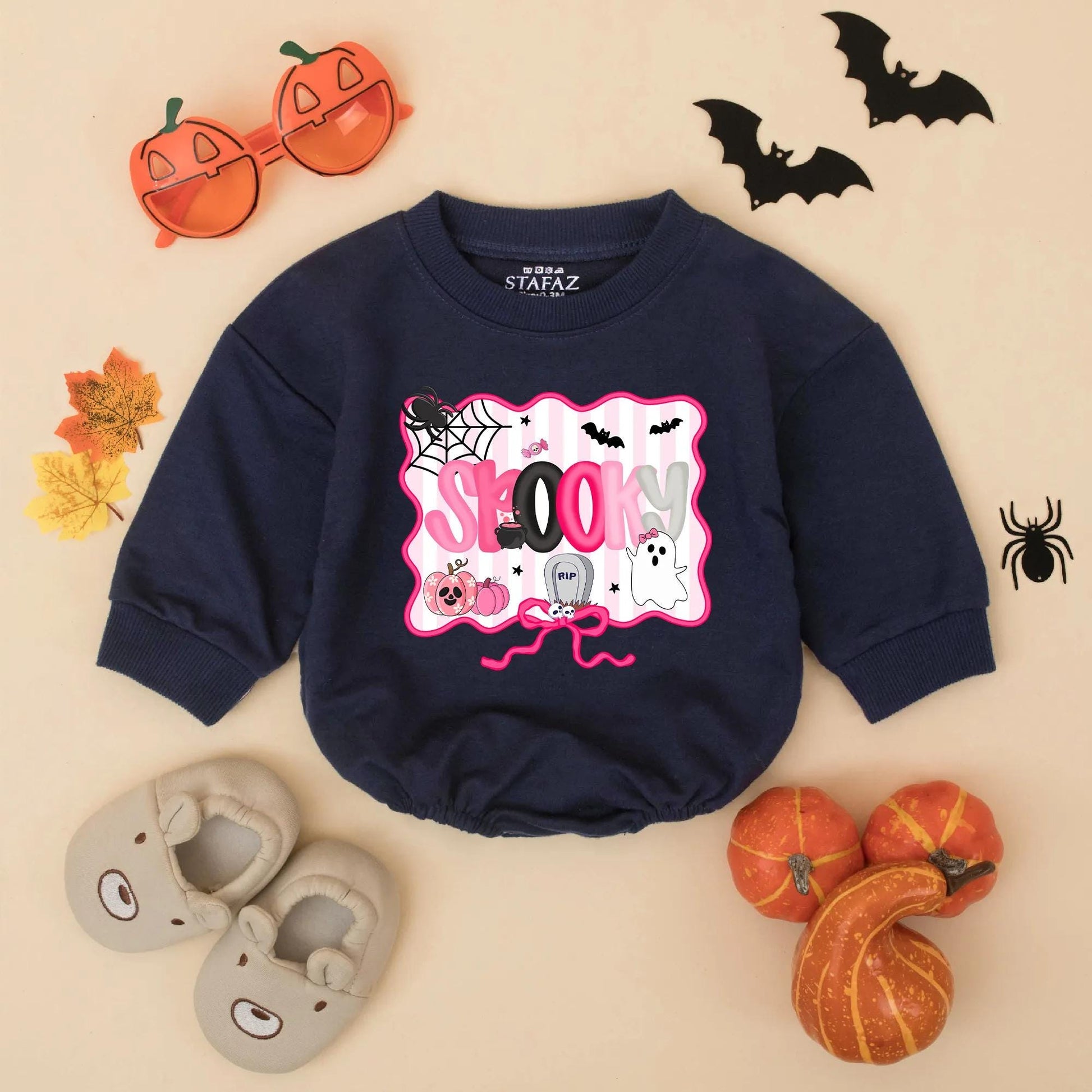 Pink Spooky Halloween Baby Girl Romper, Bubble Bodysuit with Spider Web, Bats & Pumpkins, Cute First Halloween Gift for Toddler