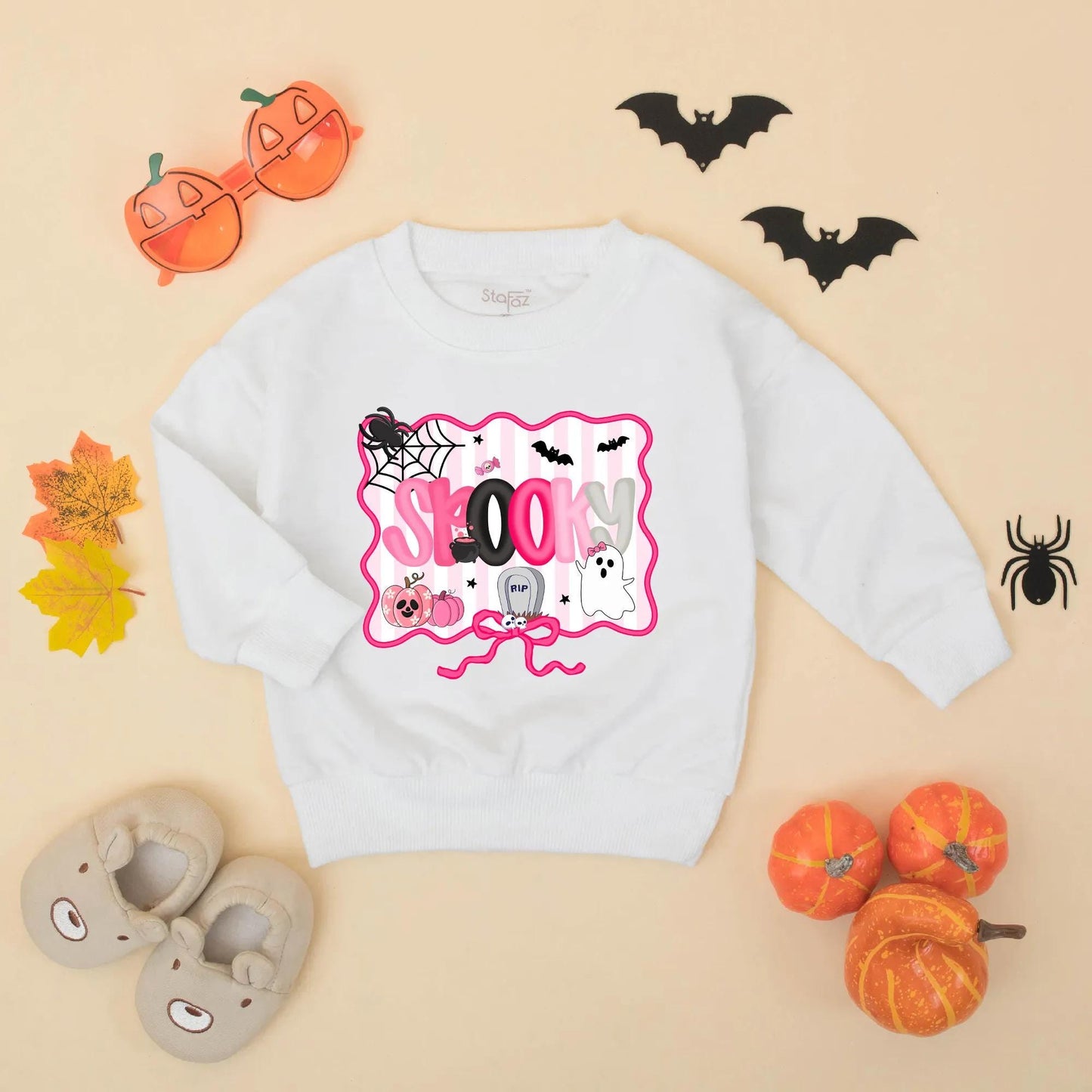Pink Spooky Halloween Baby Girl Romper, Bubble Bodysuit with Spider Web, Bats & Pumpkins, Cute First Halloween Gift for Toddler