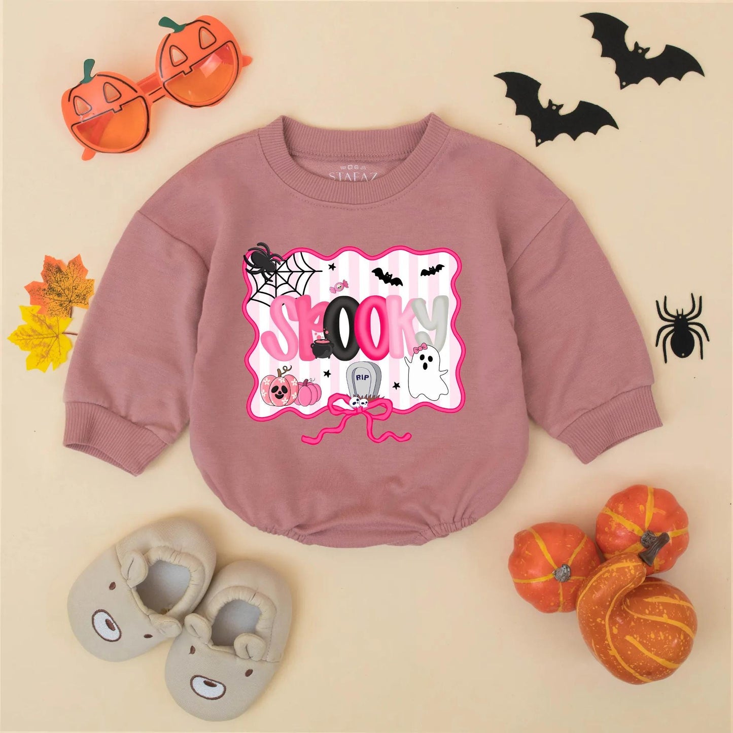Pink Spooky Halloween Baby Girl Romper, Bubble Bodysuit with Spider Web, Bats & Pumpkins, Cute First Halloween Gift for Toddler